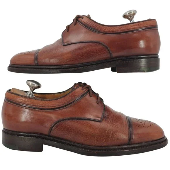 A. Testoni Italian Cognac Brown Leather Dress Shoes Cap-toe Derby Oxfords Mens 8 - Picture 3 of 11